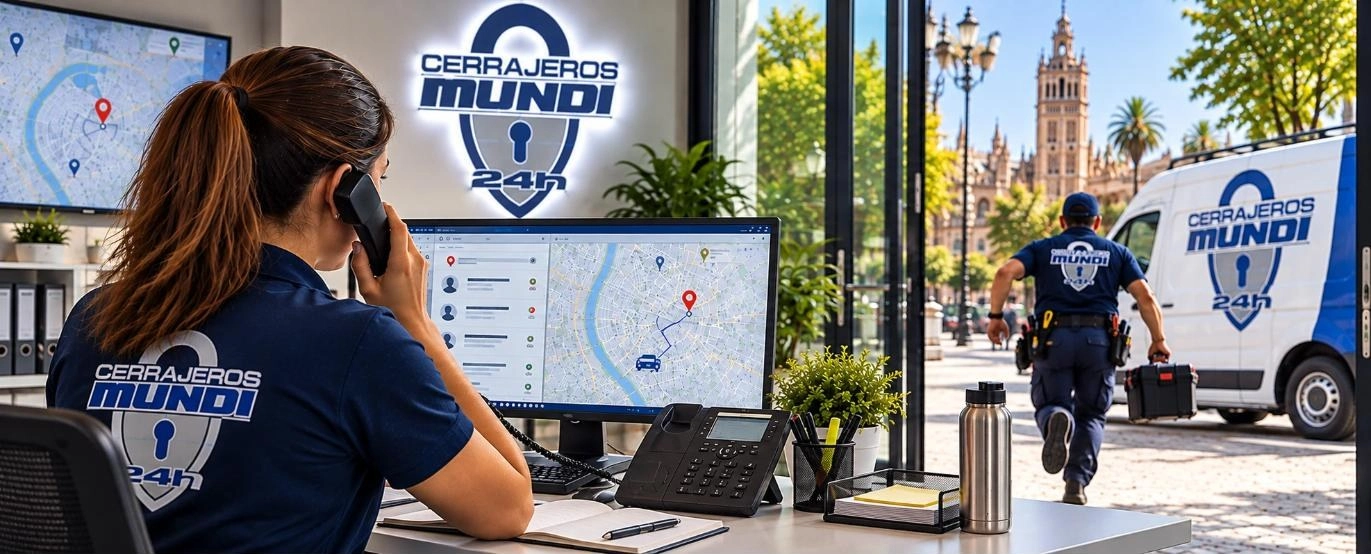 Central de atención de Cerrajeros Mundi y técnico saliendo a una urgencia en Sevilla